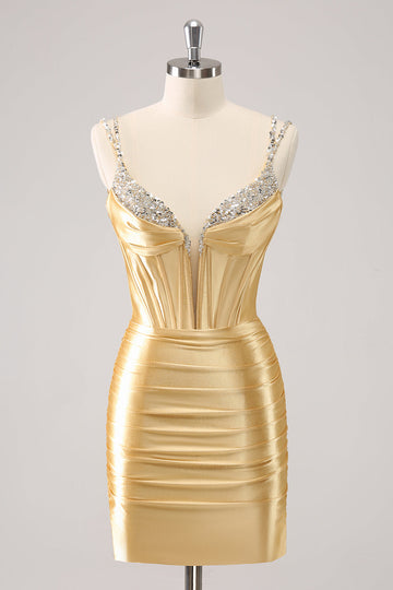 Vestido de cóctel ajustado con lentejuelas y tirantes finos dorados